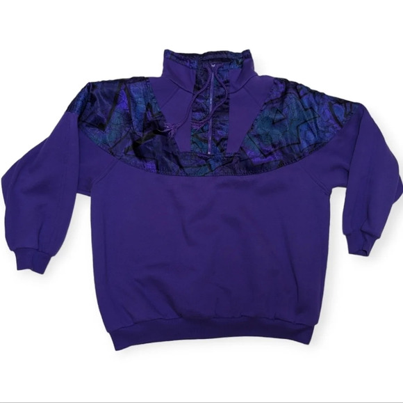 Vintage Lady Foot Locker Purple Silky Satin Accent 1/4 Zip Up Sweatshirt Sweater - Picture 1 of 10